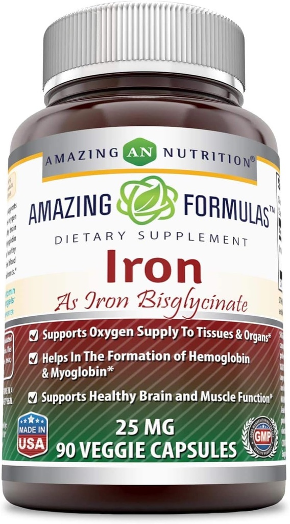 Amazing Formulas Iron as Iron Bisglycinate 25 Mg Veggie Capsules (Non-GMO,Gluten Free) - Supports Oxygen Supply to Tissues & Organs-Helps in The Formation of Hemoglobin&Myoglobin.(90 Veggie Capsules)