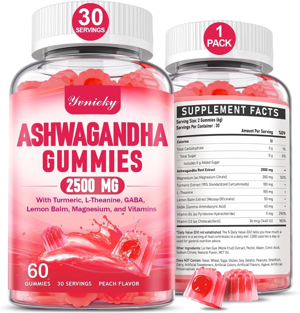Ashwagandha Gummies 2500mg für Damen und Herren: Ashwagandha Supplement Gummy Extrastärke mit Kurkuma, Vitamin D3, L-Theanin, Magnesium - Gefüllte Gummis, Erdbeeren Geschmack, Vegan, Non-GMO