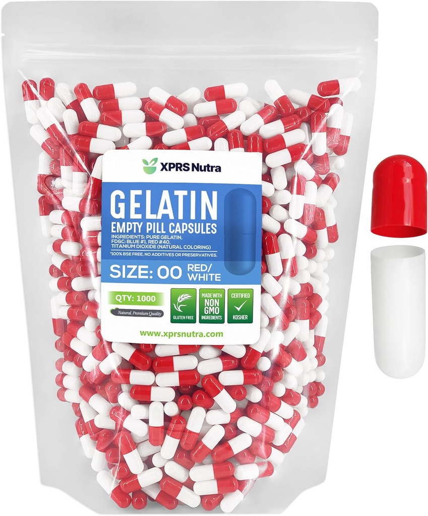 XPRS Nutra Größe 00 Leere Kapseln - 1000 Graf Leere Gelatine Kapseln - DIY Kapsel Füllung - Fillable Pill Gel Kapseln für Do-It-Yourself Ergänzungen (Red/White)