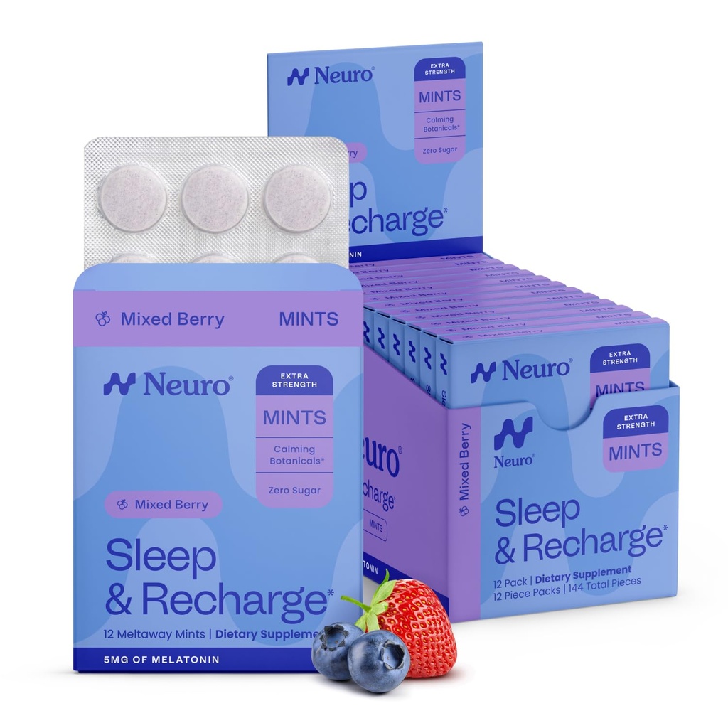 Neuro Melatonin 5mg Sleep & Recharge Mints (144 Pezzi) - Fast Dissolve Melatonin Sugar Free Mints with Lemon Balm & Chamomile for Better Sleep - Calm Sleep Supplement for Adults - Night Berry Flavor