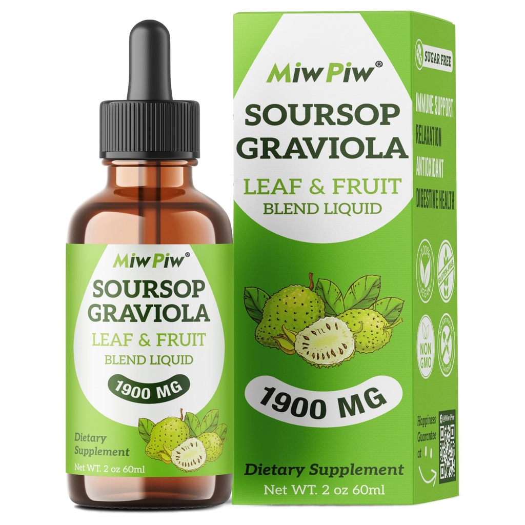Sursop Graviola gouttes liquides 1900MG 2Fl Oz, suppléments d'extrait de feuille de Sursop Bitter, soutien pour la détente du sommeil et amélioration immunitaire - sans sucre, saveur naturelle, bien-être à base de plantes