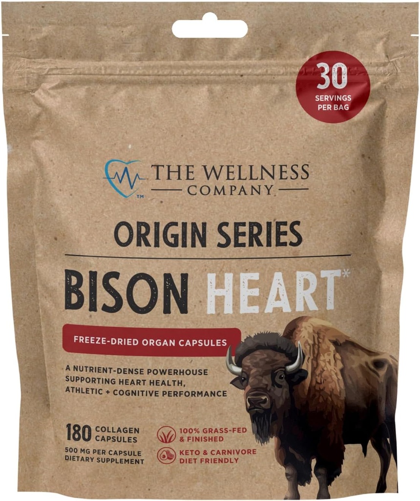 The Wellness Company Bison Heart | 180 Collagen Capsules (1 Monat Versorgung) | Grass-Fed Freeze-Dried Organ | Non-GMO, Gluten-Free | Unterstützt Kraft, Erholung & Vitalität