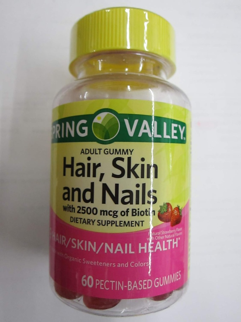 Frühlingstal Erwachsene Haare, Haut, Nägel, 2500 mcg Biotin, Erdbeere, 60 Gummi (Pack von 2)