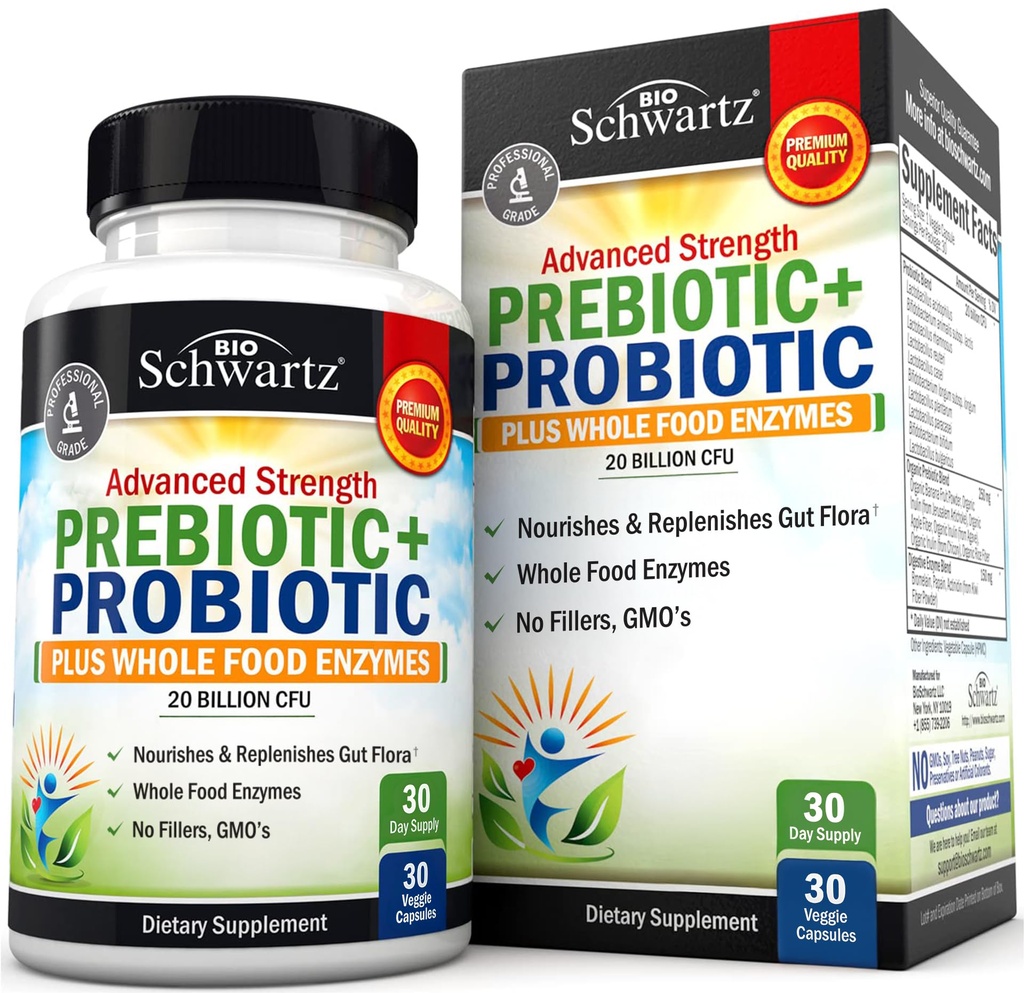 Prébiotiques et probiotiques avancés pour les femmes et les hommes, Immune, Digestive et Gut Health avec L. Reuteri, Inulin Fibre, enzymes digestives, non-OGM, sans gluten, sans lait, 30 capsules