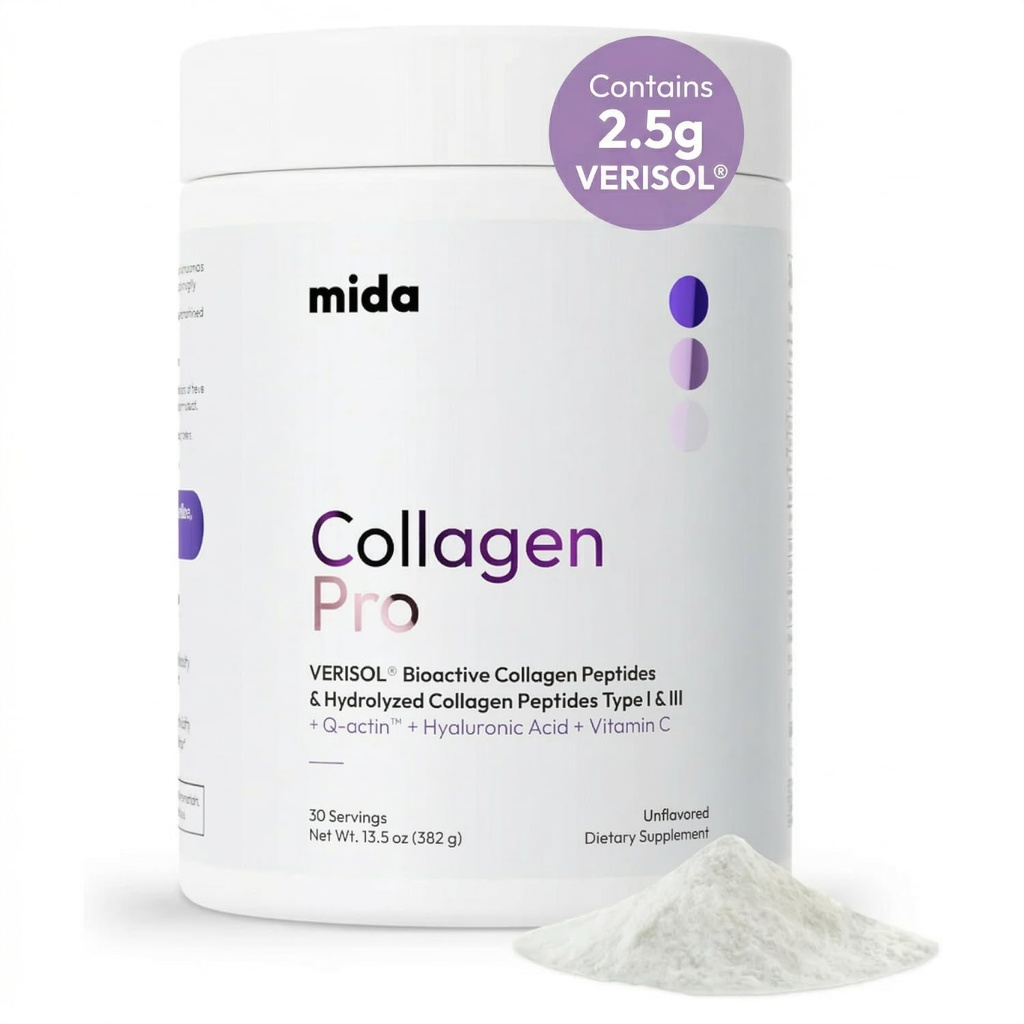 Peptidi di collagene idrolizzati VERISOL® Tipo I & III con vitamina C, acido ialuronico, biotina, Q-ACTIN® | Polvere proteica non aromatizzata per pelle liscia, capelli spessi, unghie forti e salute comune | 30 Serve
