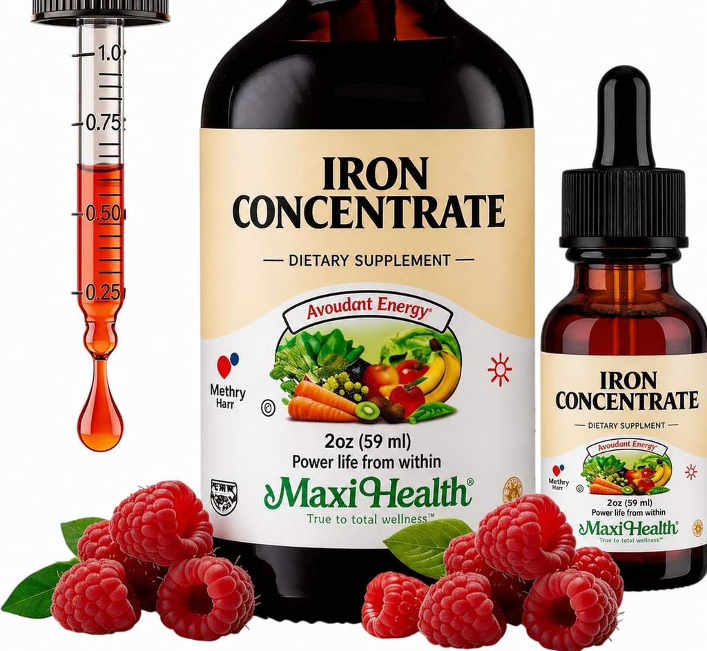 Maxi Supplément en fer liquide pour femmes, hommes et enfants - 15 mg Par ML Berry Aromatisé - Haute puissance - Facile à mélanger pour l'absorption immédiate - Augmenter l'énergie sans nausées - 2 fl onces