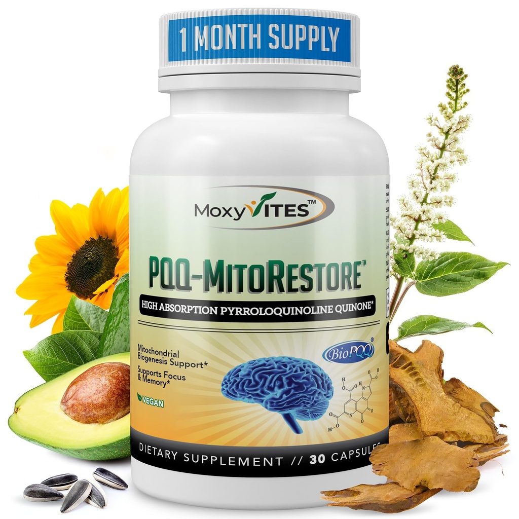 PQQ MITORESTORE Brain Supplementi per memoria e messa a fuoco - Mitochondria Supplemento con BioPQQQ 20mg - Forma più pura NON chimicamente sintetizzato, cognitivo e supporto cardiaco - 30 capsule vegane, non OGM