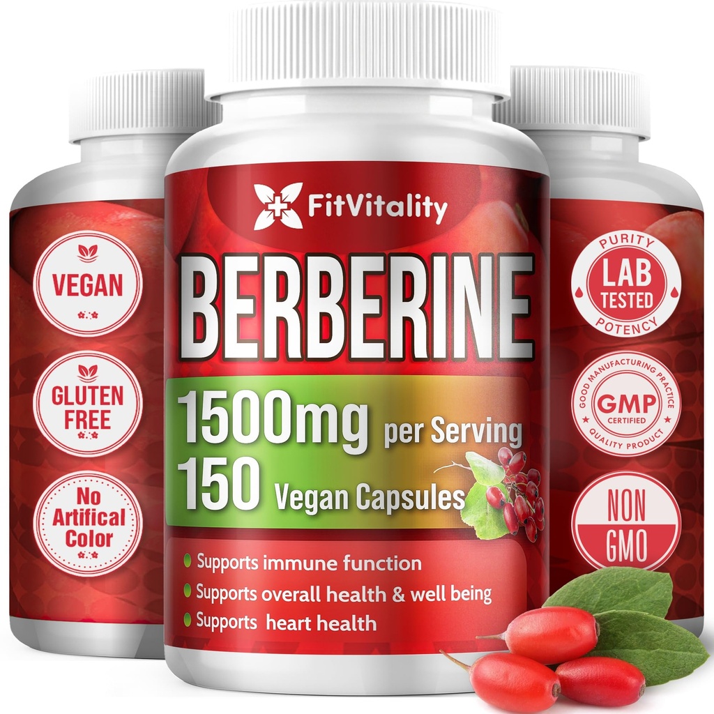 Supplément Berberine Premium, 150 capsules – 50 jours d'approvisionnement, 1500mg Berberine par portion, Berberine HCI, Fabriqué à partir d'ingrédients 100% purs et naturels, non-OGM, sans gluten.