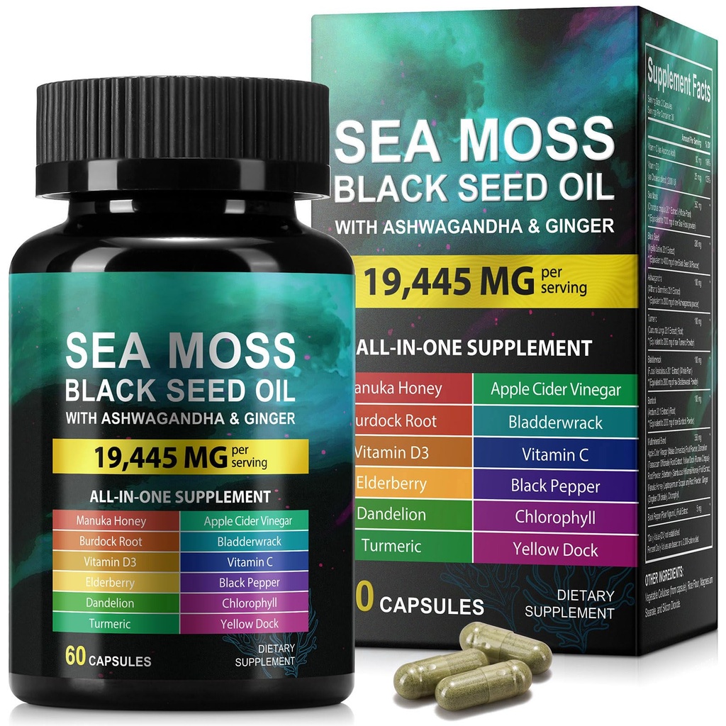 Sea Moss Black Seed Oil Ashwagandha Ginger, Sea Moss Capsule Supplemento con Turmeric Burdock Root Bladderwrack Vitamina C Vitamina D3 Enhanced Immunity & Energy Black Seed Oil Capsule 60 Count
