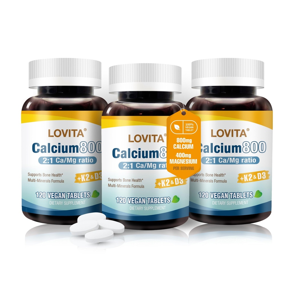 Lovita Kalzium Citrat 800 mg mit Magnesium, Vitamin D3 & K2, Knochenstärke und Dichte Ergänzung für Frauen und Männer, unterstützt Zähne, Immungesundheit, Glutenfrei, Non-GMO, 360 Vegan Tabletten
