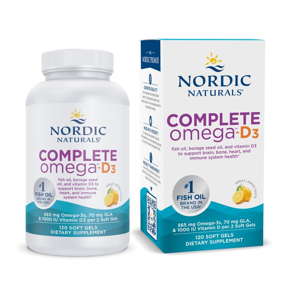 Nordic Naturals Complete Omega-D3, Limone Flavor - 120 Gel Morbidi - 565 mg Omega-3 + 70 mg GLA + 1000 IU Vitamin D3 - EPA & DHA - Pelle sana, Cognizione, Mood Positivo - Non-GMO - 60 Serve