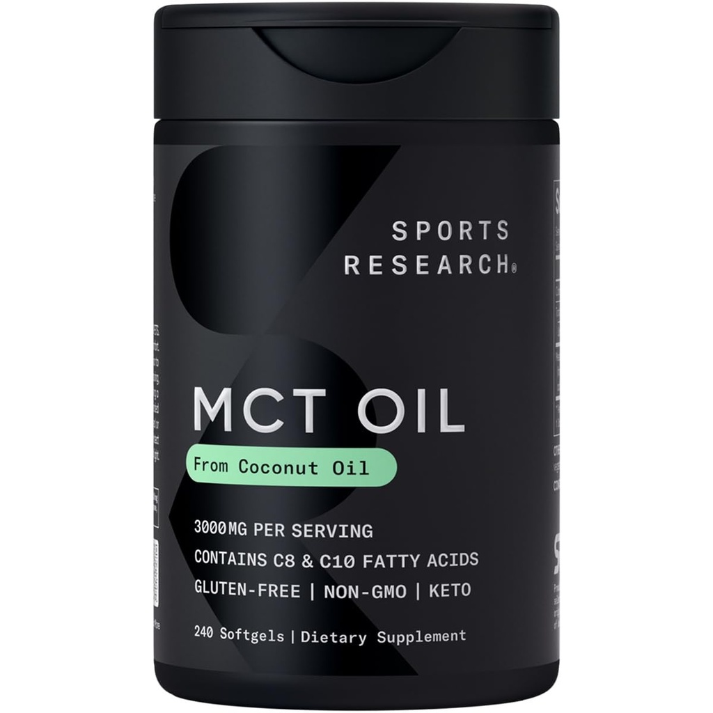 Recherche sportive Pilules d'huile de kéto MCT de l'huile de noix de coco : combustible de kéto pour le cerveau et le corps - softgels liquides non-OGM vérifiés, sans soja et sans gluten (240 Nombre)