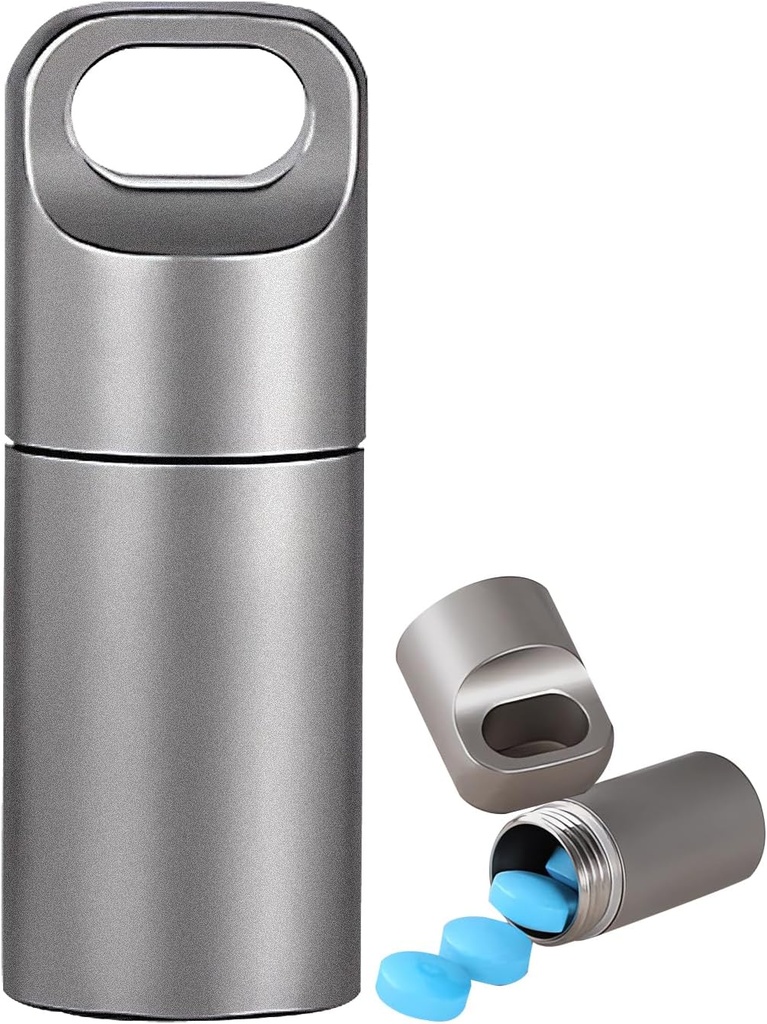 Kleine Schlüsselanhänger Pillenhalter,304 Edelstahl Tragbare Pillen-Gehäuse Organizer für Reisen,Wasserdichte Tasche Pillen Container Medizin Box für Geldbeutel Männer (Mini Pille Case), Silber