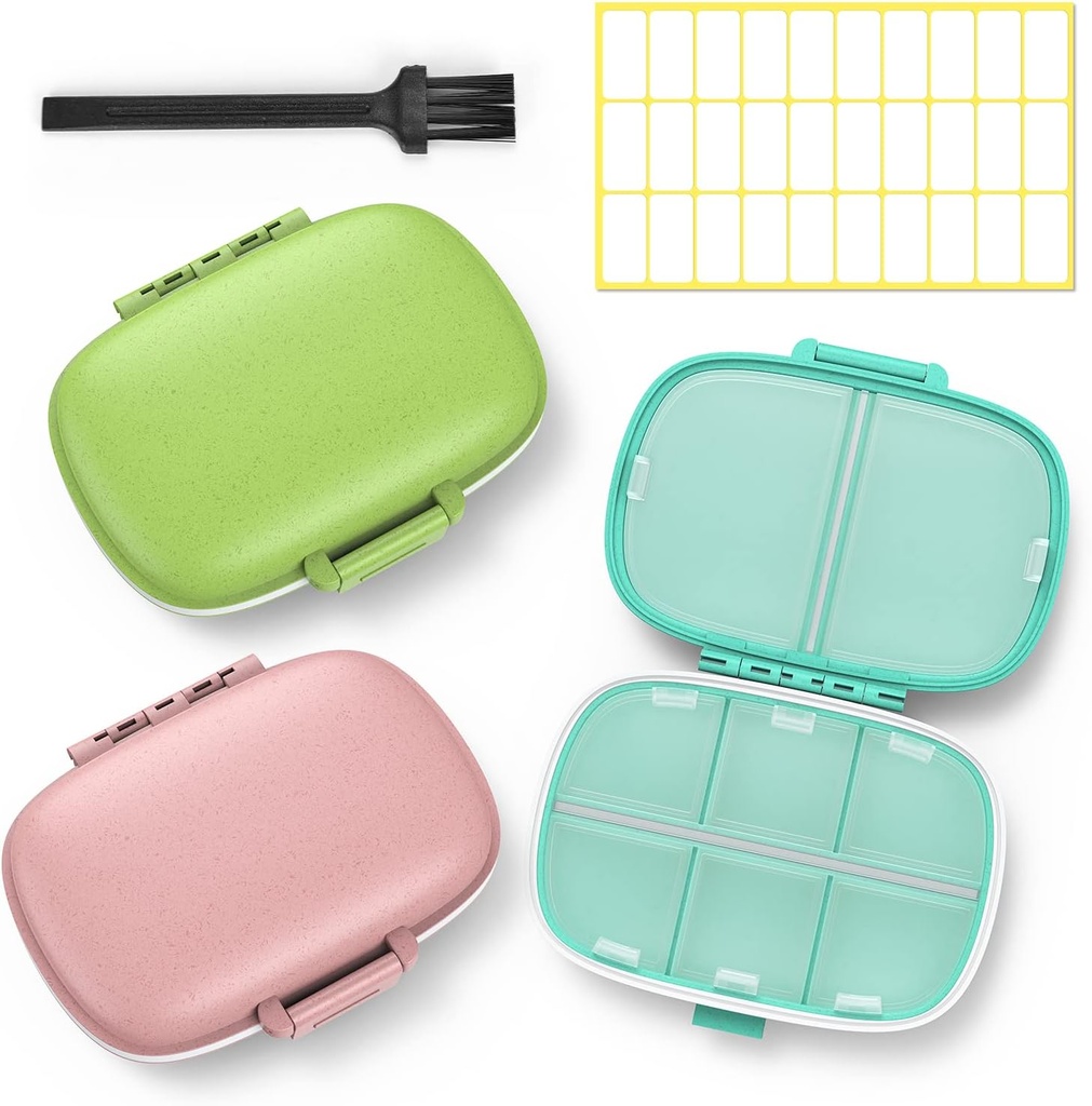 3 Pack 8 scomparti scatola di viaggio,Pill Organizer 7 giorni Moisture Proof Piccolo caso di pedaggio per Pocket Purse Daily Portable Medicine Vitamin Holder Container (Pink+Blue+Green)