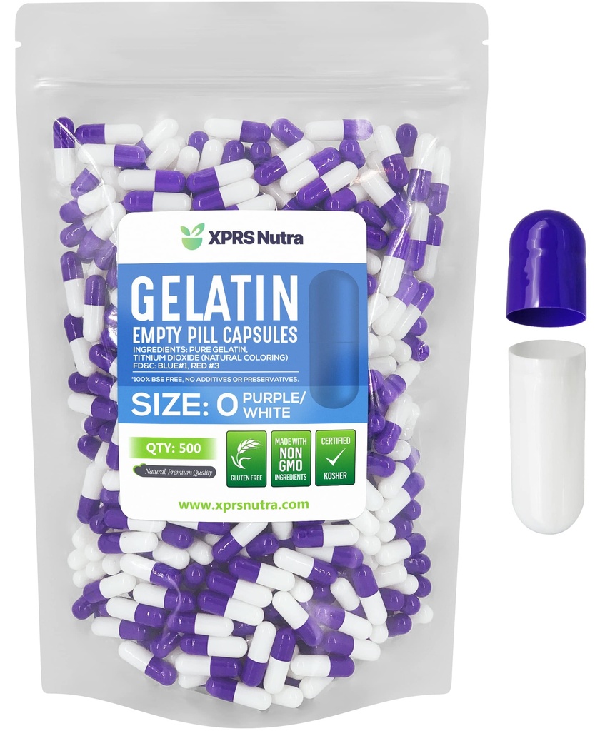 XPRS Nutra Größe 0 Leere Kapseln - 500 Graf Leere Gelatine Kapseln - Pillen DIY Kapsel Füllung - Pure Bovine Pill Gel Kapseln für Do-It-Yourself Ergänzungen (Purple/White)