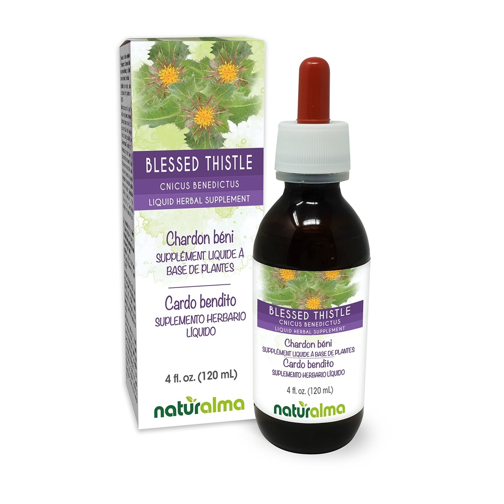 Naturalma Blessed Thistle oder Holy Thistle (Cnicus benedictus) Kräuter mit Blumen Alkoholfreie Tincture - 4 fl oz Flüssiger Extrakt in Tropfen - Kräuterergänzung - Vegan