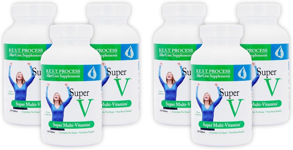 SuperV (6 Pack) Migliore Alcaiina di processo — Energizzante & Disintossicante Multivitamina — Vitamine & Minerali con enzimi digestivi, Superfoods e Erbe