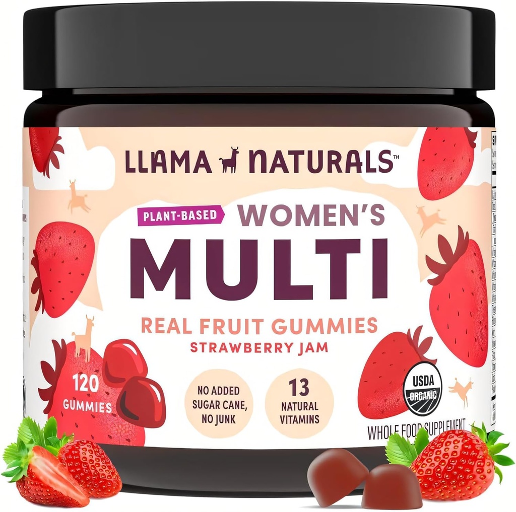 Llama Naturals Multivitamin per le donne, Vegan, Gummie organiche con vitamina D, C e K, Le vitamine del gommoso della frutta reale delle donne, il supplemento Multivitaminico masticabile, Canna da zucchero non Aggiunto, Fragola, 120 Ct