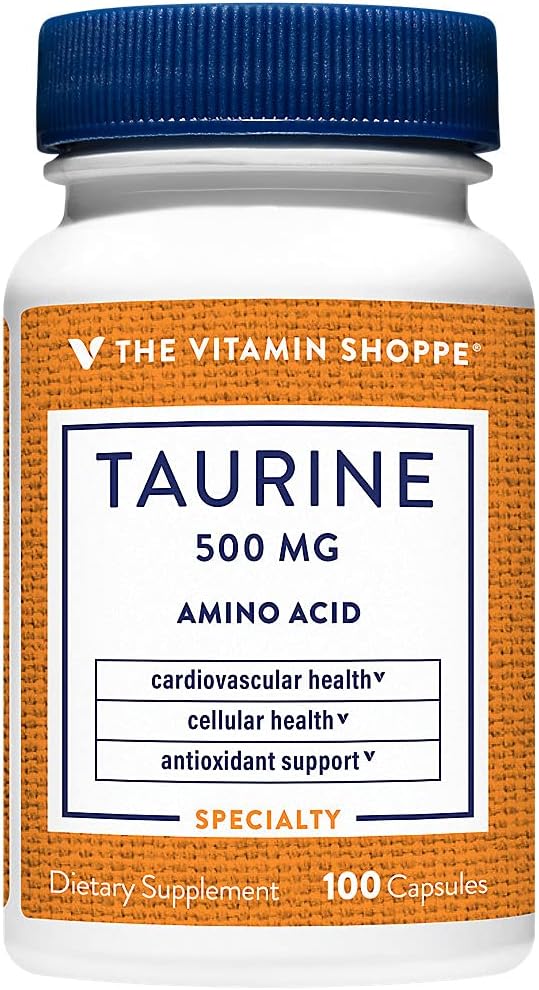 Das Vitamin Shoppe Taurine 500MG, Eine freie Form Aminosäure, Antioxidans, die zelluläre und kardiovaskuläre Gesundheit mit Vitamin B6, Gehirn und Gedächtnis Unterstützung unterstützt (100 Kapseln)