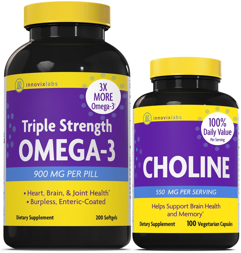 InnovixLabs Choline & Triple Omega-3 Bundle Choline Bitartrate 550mg (100 Kapseln) Triple Strength Omega (200 Softgels). Unterstützt Gedächtnis, Stimmung, Gehirn Gesundheit & Boost kognitiv.*
