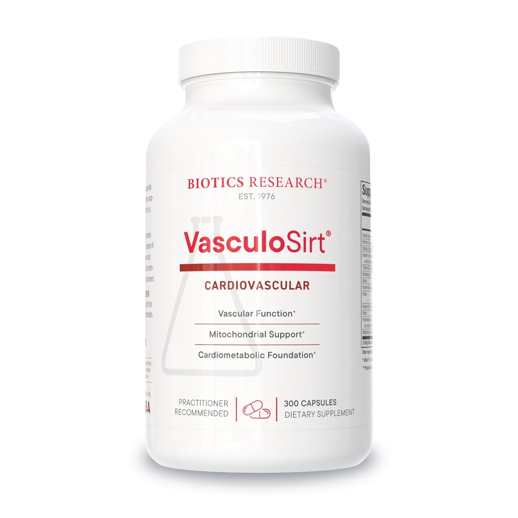 Recherche en biotique VasculoSirt®– Formulé avec l'aide de Mark Houston, MD, Soutien cardiovasculaire et sain pour un flux sanguin sain, CoQ10, Resveratrol, ALA, Ginkgo - 300 capsules