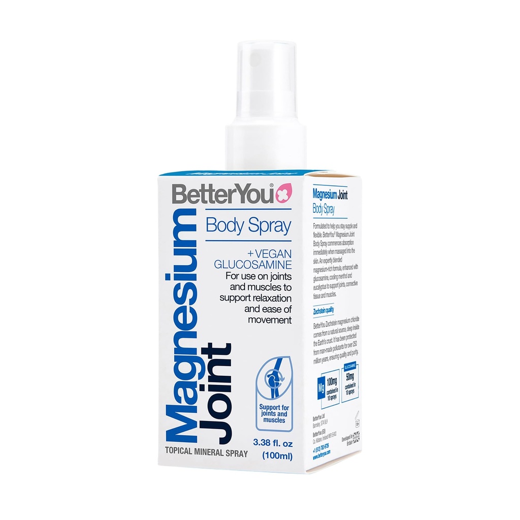 BetterYou Magnesium Joint Body Spray - Muskel-Relief Spray - Topical Magnesium Chloride und Glucosamin - Kühlung Menthol und Eucalyptus - 3.38 oz