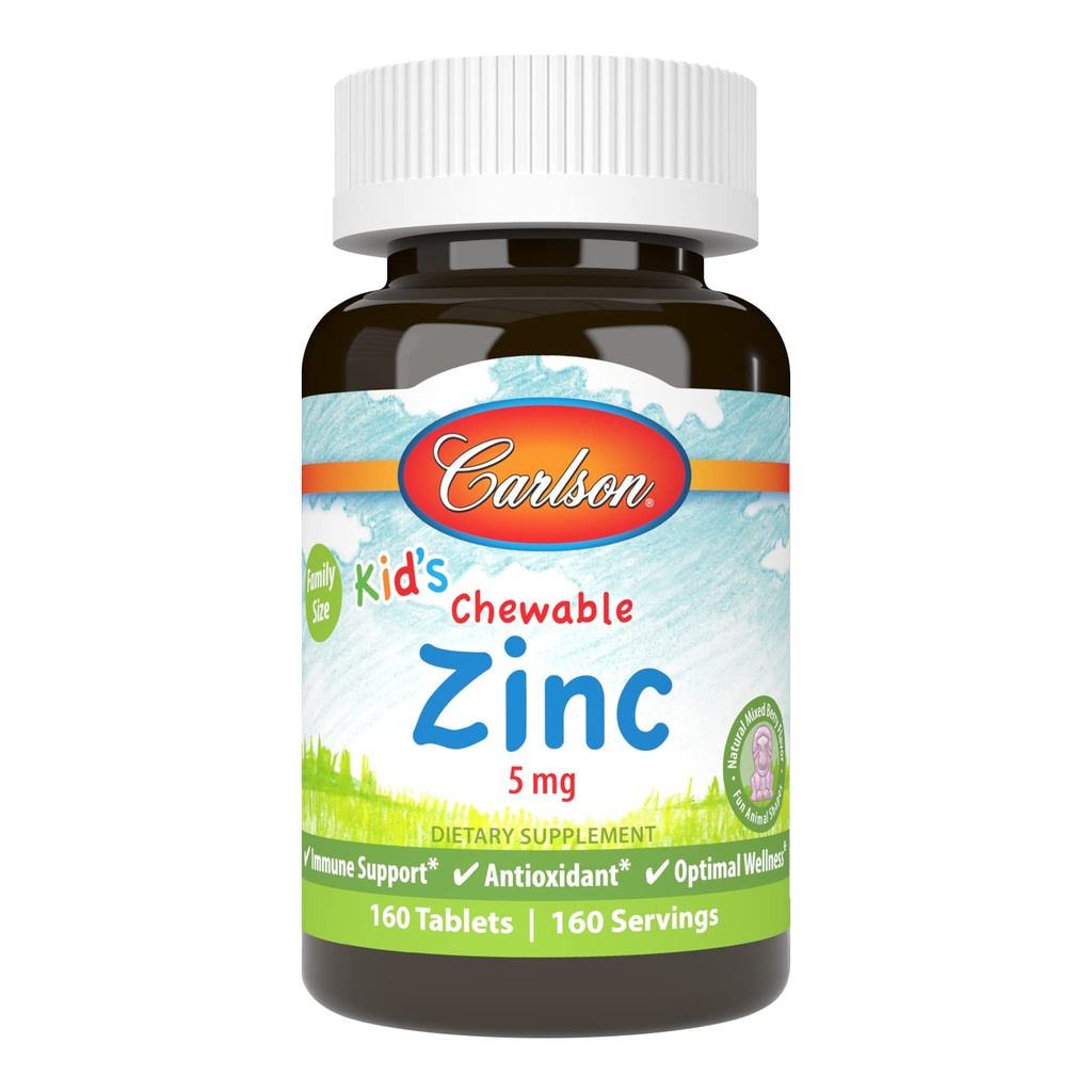 Carlson - Kid's Chewable Zinc, 5 mg, Health Support, Natural Mixed Berry Flavor, 160 Tabletten