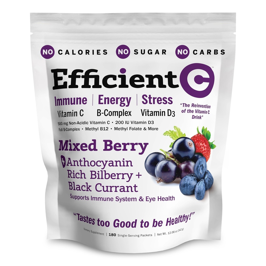 ANDREW LESSMAN Efficient C Mixed Berry 180 Packets - Immun-, Energie-, Stress- und Augengesundheitsunterstützung. Wiederfindung des Vitamin C Getränks. Keine Kalorien. Kein Zucker. Keine Carbs. Einfach zu mischen.