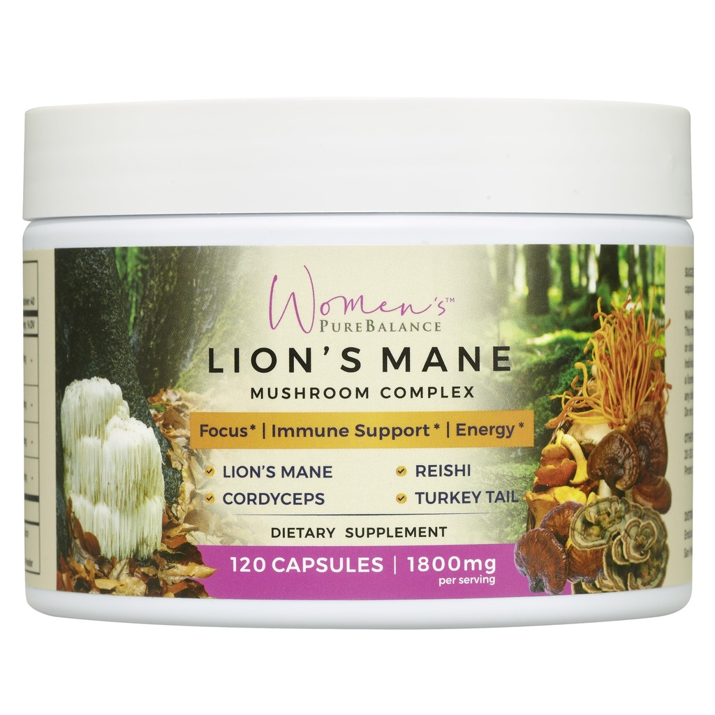 PureBalance Lion's Mane Mushroom Supplement Capsule con Reishi, Cordyceps, Turchia Tail – Cervello Nootropic per Memoria, Focus, Energia Naturale, & Supporto Immune, Non-GMO (120 capsule)