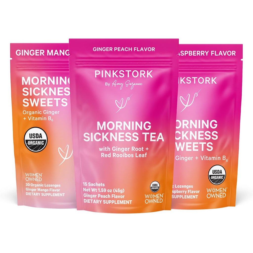 Pink Stork Morning Sickness Relief Kit – 3-teilige Bundle mit Bio Ginger Peach Tea, B6 Sweets, Ginger Lozenges – Schwangerschaftsunterstützung, Erste Trimester Essentials, Geschenk für schwangere Frauen