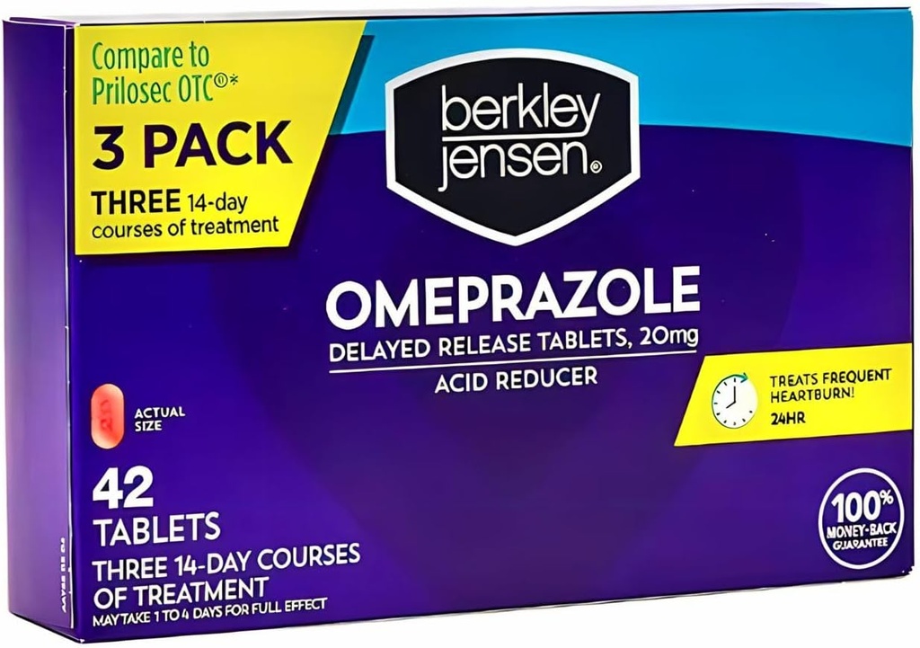 berkley jensen Omeprazole 20 mg Delayed Release Tablets - Heartburn Medicine- Acid Riduttore Pillole - Tratta Frequent Heartburn - 3 x 14-Day Courses, 42 Count Total (Pack of 1)