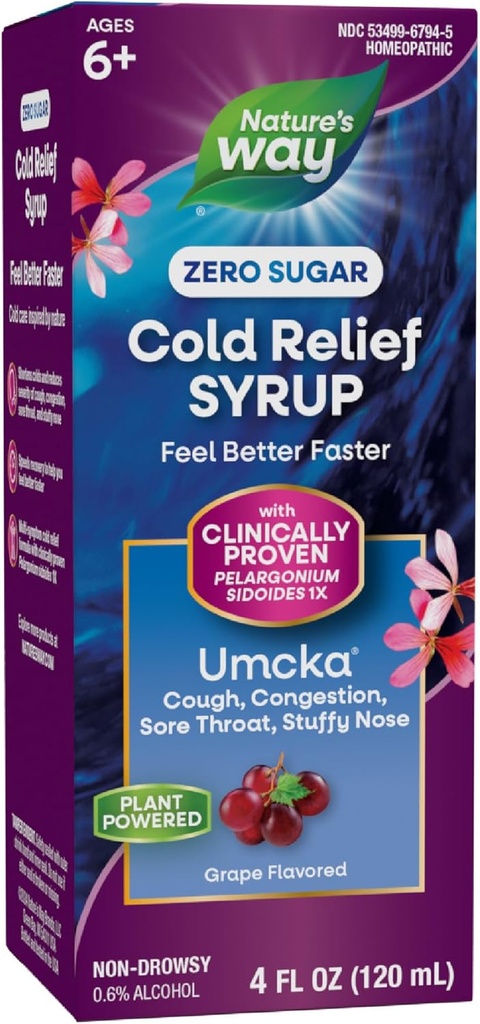 Nature's Way Cold Relief Zero Sugar Syrup, Umcka, Homöopathic, verkürzt Kalte, Sore Throat, Cough, Congestion und Stuffy Nose, Phenylephrine Free, Grape Flavored, 4 Fl Oz (Packaging May Vary)