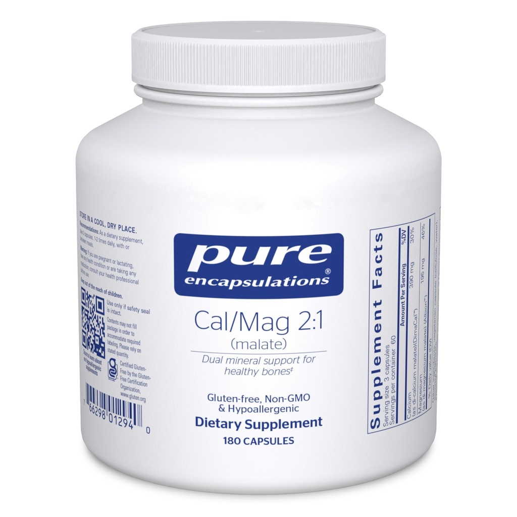 Encapsulations pures Cal/Mag (Malate) 2:1 - Calcium et magnésium (Malate) - Supplément santé osseux* - Absorption optimale - Sans végane et sans gluten - 180 capsules