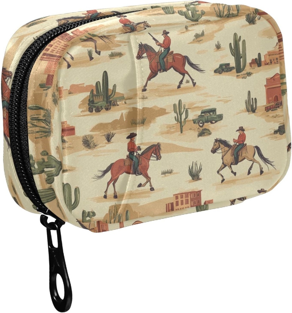 Fustylead Cowboy Equitazione e Desert Cactus Pill Organizer per Purse, Weekly Portable Pill Box con Zipper a Storage Vitamins Fish Oils Farmaci Supplementi