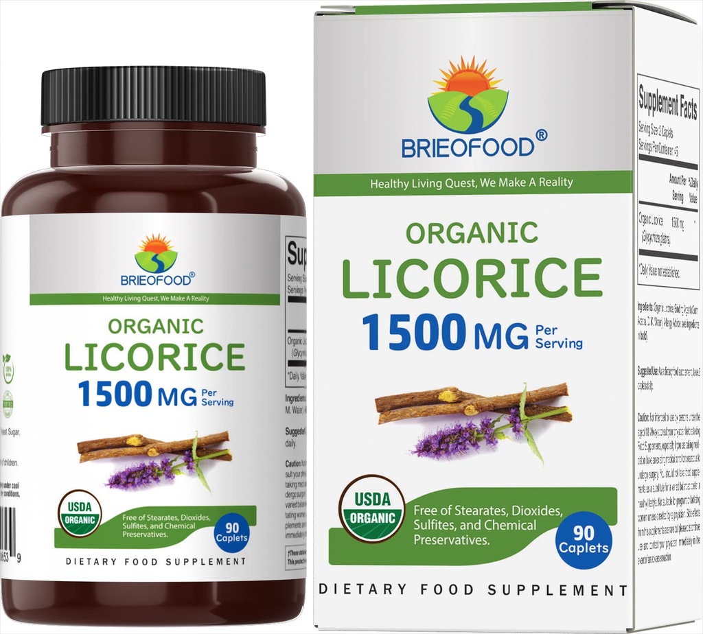 Brieofood Organic Licorice 1500mg, 45 Servierungen, Vegetarisch, Glutenfrei, 90 vegetarische Tabletten