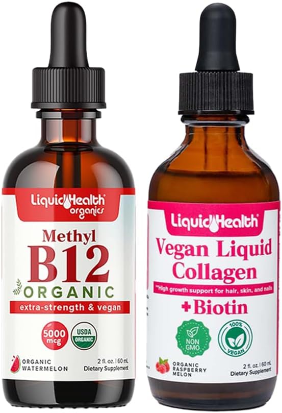 LIQUIDHEALTH Organic Methyl B12 5000mcg Vitamin Drops mit Tart Cherry Juice & 100% Vegan Pflanzenbasierte Collagen Plus Biotin Drops - Natürliche Energie Boost, verbessern Fokus, Haar- und Nagelwachstum, Hautgesundheit