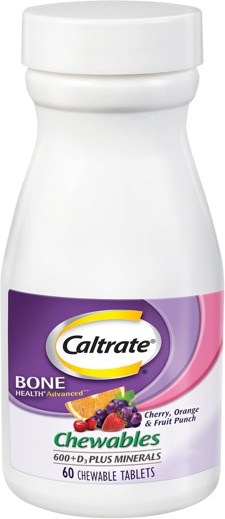 Caltrate Chewables 600 Plus D3 Plus Minerals Kalzium Vitamin D Supplement, Kirsche, Orange und Obst-Punch - 60 Count
