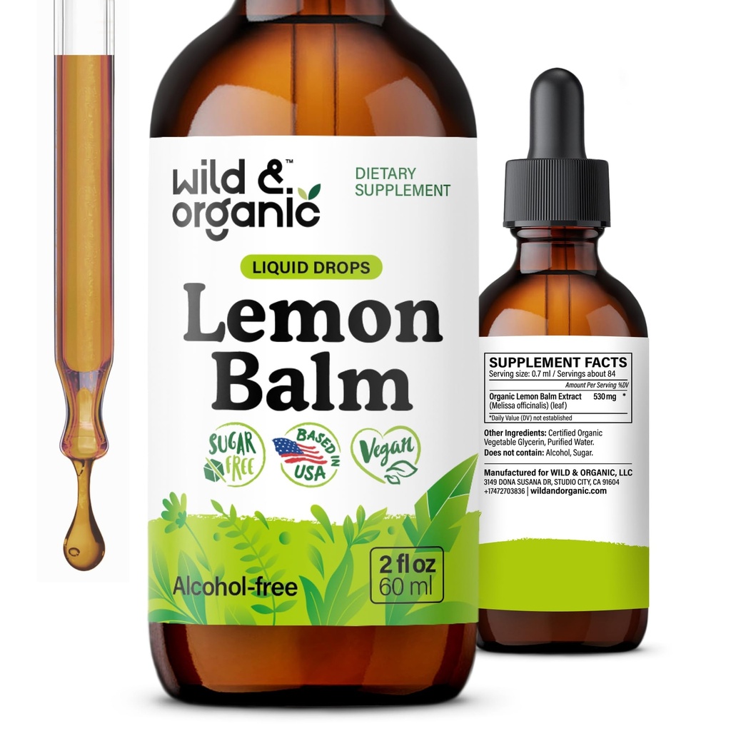 Drops de baume de citron sauvage et biologique - Supplément d'extrait de feuille de baume de citron relaxant - Apaisant la teinture Melissa Officinalis - Vegan, Sucre et Sans alcool - 2 fl oz