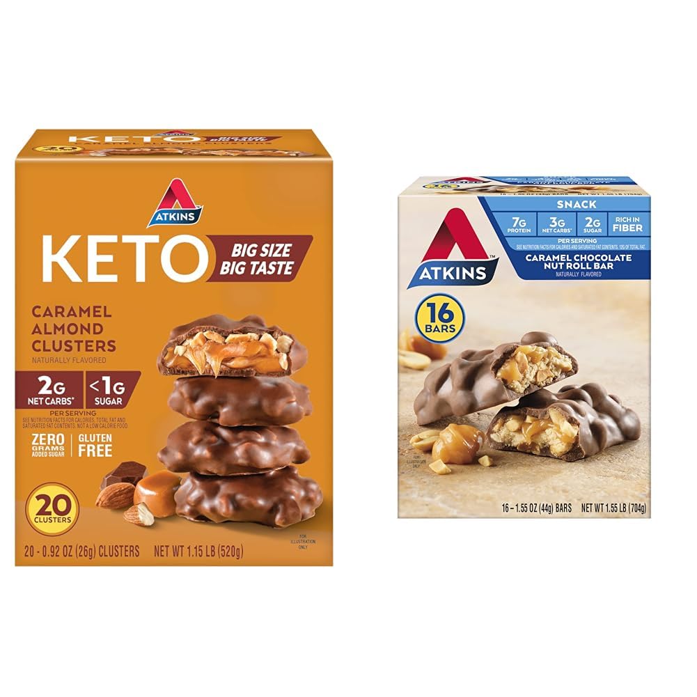 Atkins Caramel Mandel-Cluster, Glutenfrei, High in Fiber, 1g Zucker, 2g Net Carb, Keto Friendly, 20 Count & Caramel Schokoladen-Nüsse Roll Snack Bar, Protein Snack, High in Fiber, 2g Zucker, 16 Count