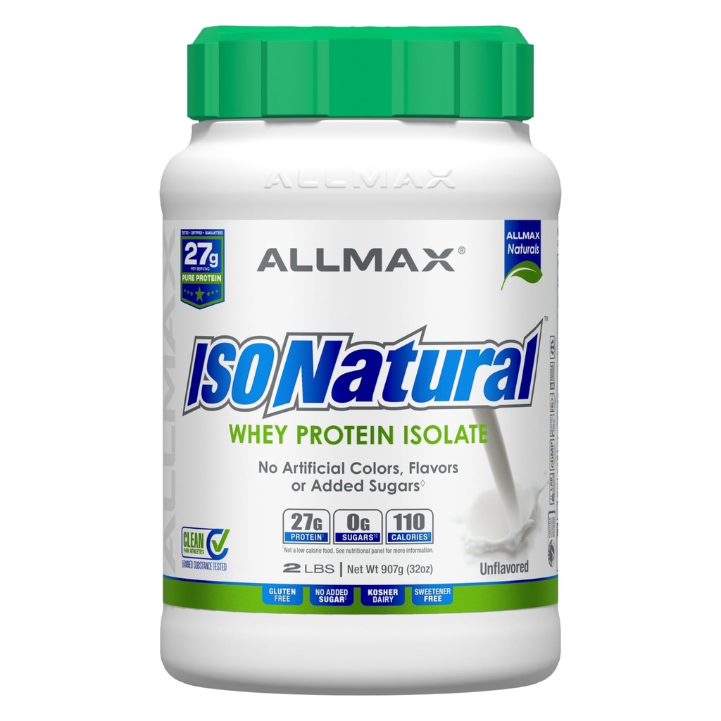 ALLMAX ISONATURAL Whey Protein Isolate, Unflavored - 2 lb - 27 Grams of Protein Per Scoop - Zero Fat & Sugar - 99% Lactose Free - with Prebiotics - No Artificial Flavors - Approx. 31 Servings