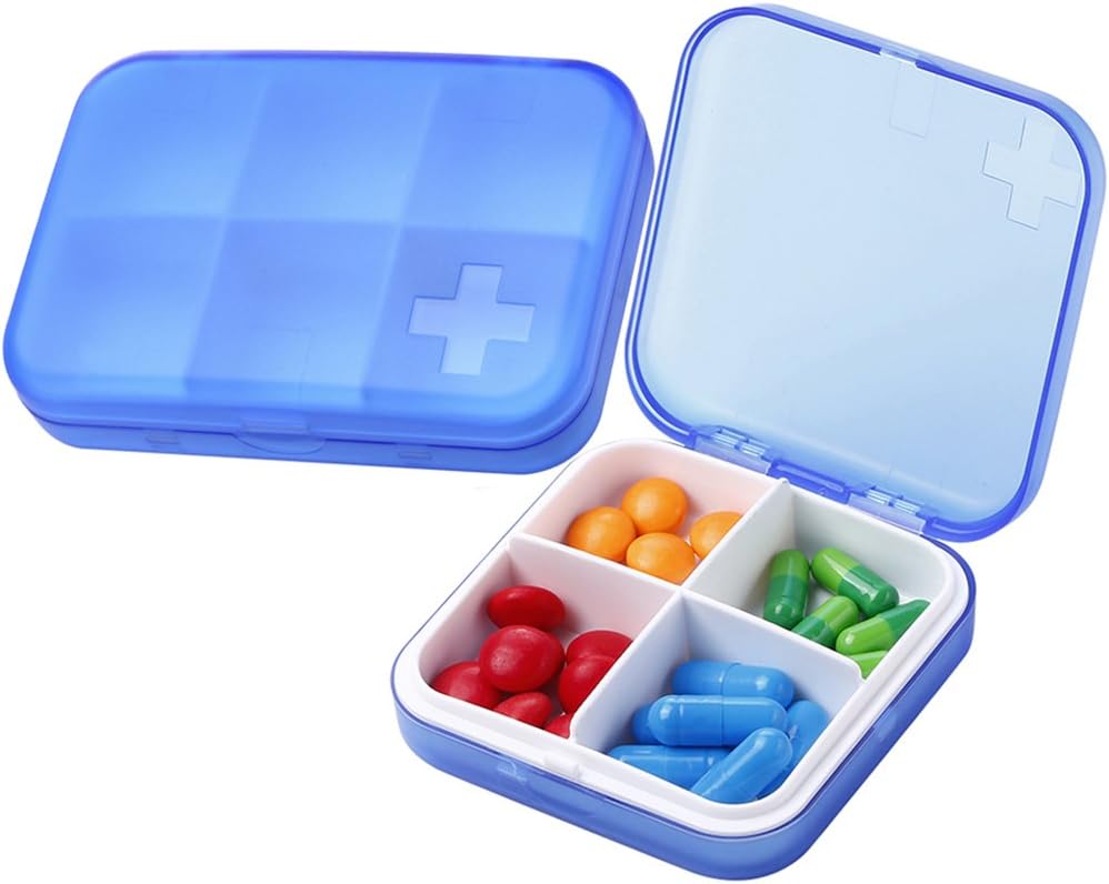 Organisateur de pilules portatives - Boîte à pilules minces pour la poursuite ou le voyage, cas de pilule compacte(4+6 compartiment, bleu)