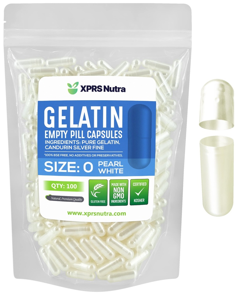 XPRS Nutra Size 0 Capsule Vuote - 100 Count Empty Gelatin Capsule - Pillole DIY Capsule Filling - Pure Bovine Pill Gel Caps per Do-It-Yourself Supplements (Pearl White)