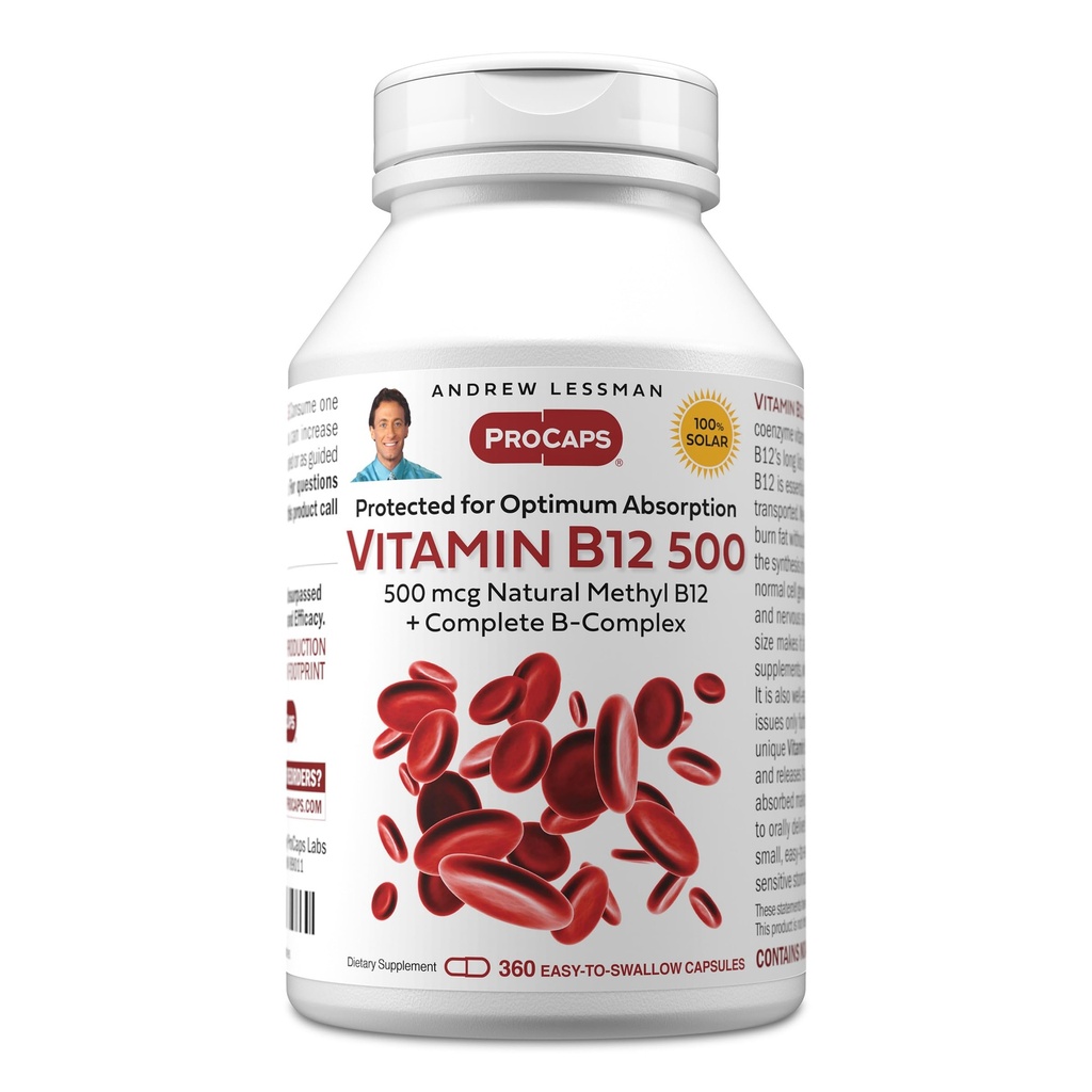 ANDREW MOINSMAN Vitamine B12 500 360 Capsules - Méthylcobalamine protégée par l'absorption (Coenzyme naturelle vitamine B12), essentielle pour le soutien de l'énergie et du stress, plus complexe B, capsules faciles à avaler