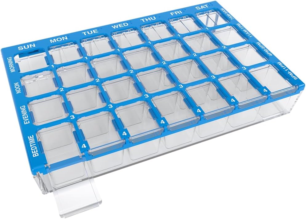 EZY DOSE Pill Organizer settimanale (7-giorno), Medicine Planner, Vitamin Box, Piccoli scomparti con Easy Fill Vay Case, 4 volte al giorno, Facile da usare contenitori, Chiavi, Blu, BPA Free