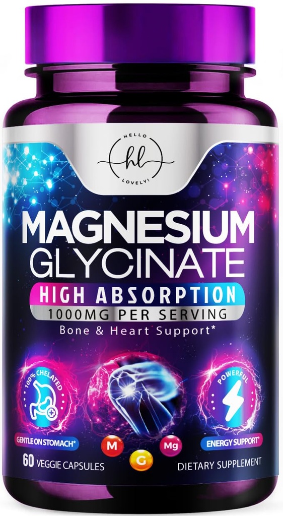 Magnesium Glycinate 1000mg - Hohe Absorption & Chelat zur Unterstützung von Knochen, Muskeln, Nerven & Herz Gesundheit - Natürliche Schlaf & Stress Unterstützung Frauen & Männer - Vegan, Gluten & Soy kostenlos, Non-GMO - 60 Kapseln