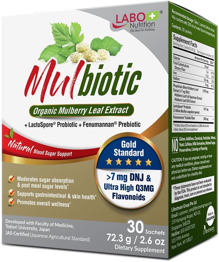 LABO Nutrition Mulbiotic, Organic Mulberry Leaf Extract + LactoSpore Probiotic & Fenumannan Prebiotic, per Carb Cravings Support, Vegetariano, Non OGM