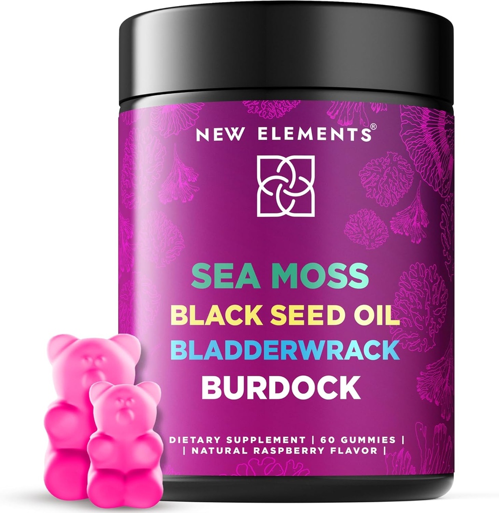 Bio Sea Moss Gummis mit schwarzem Seed Öl, Bladderwrack & Burdock Root | Irish Sea Moss Supplement 1000mg | 4 in 1 Erweiterte Formel 4X Stärker | Raspberry Flavor | Vegan | Non-GMO | Gluten-Free