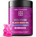 Bio Sea Moss Gummis mit schwarzem Seed Öl, Bladderwrack & Burdock Root | Irish Sea Moss Supplement 1000mg | 4 in 1 Erweiterte Formel 4X Stärker | Raspberry Flavor | Vegan | Non-GMO | Gluten-Free