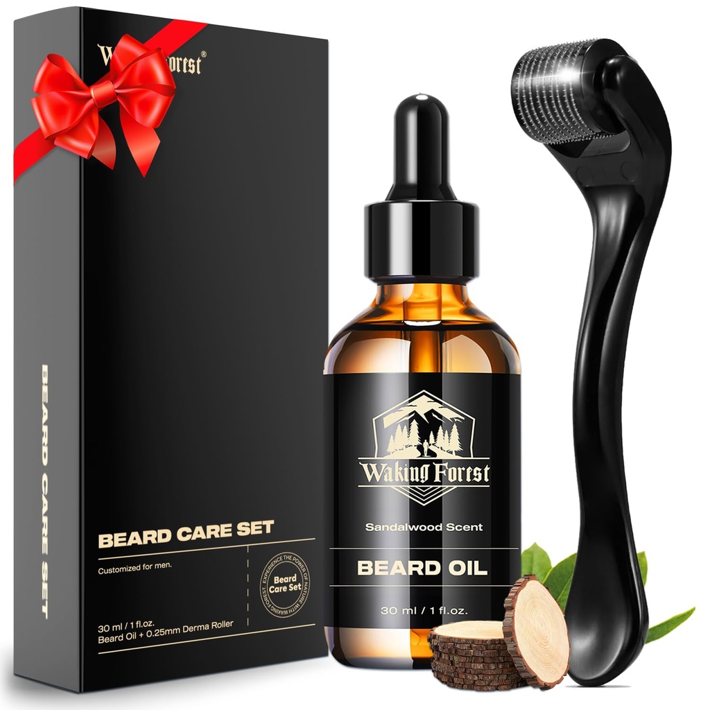 Rullo di Derma della foresta di Waking 0.25mm & olio del cuscinetto (1oz), Kit del cuscinetto di Sandalo, Rullo del cuscinetto del microneedle con 540 titanio, idratazione naturale con olio di orso della vitamina E per gli uomini, Padri Ragazzo papà