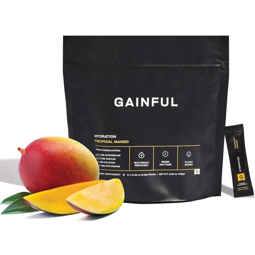 Gainful Hydration Powder Packets, Koffeinfrei mit Schlüsselelektrolyten Magnesium und Natrium, Energieunterstützung, Niedriger Zucker, Tropical Mango, 21 Sticks